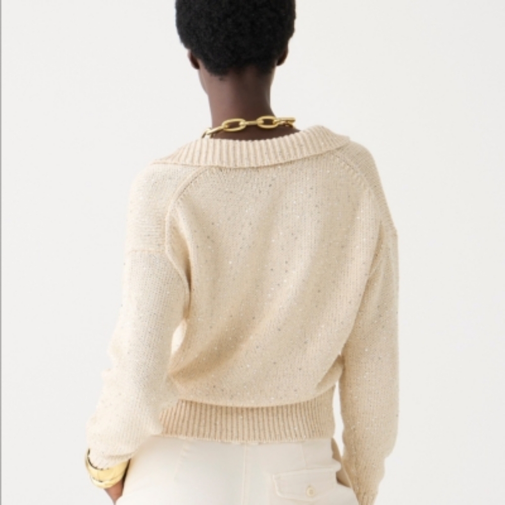 J. Crew Beige Natural Sequin V-Neck Sweater - Picture 3 of 6